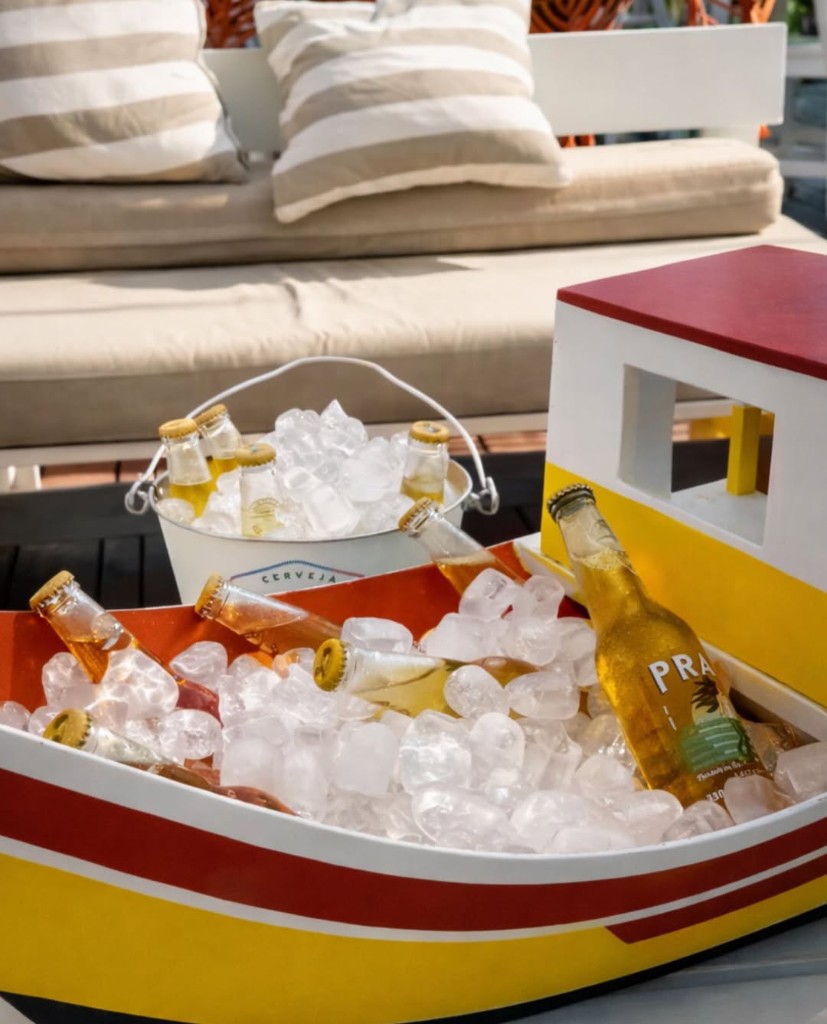 Cervejas geladas em balde em formato de barco em lounge ao ar livre