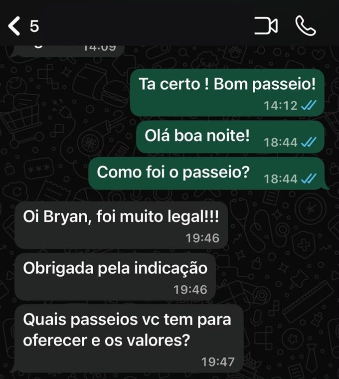 Print de WhatsApp: cliente agradecendo e pedindo mais passeios