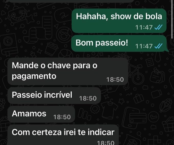 Print de WhatsApp: cliente dizendo que o passeio foi incrível e que vai indicar